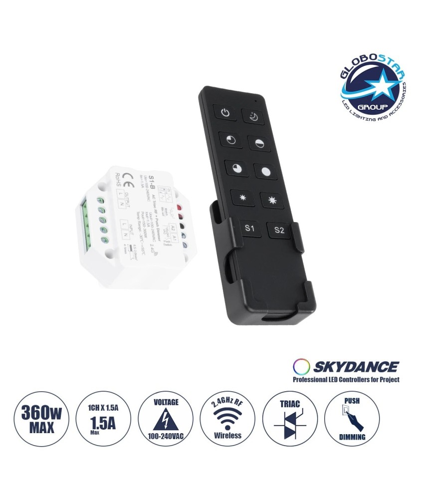 GloboStar® 73125 S1-B+R1 SKYDANCE ΣΕΤ Dimmer & Ασύρματο Χειριστήριο Αφής 1 Group RF 2.4Ghz 1.5A Max AC100-240V (360W) - DC 3V IP20 - 5 Χρόνια Εγγύηση
